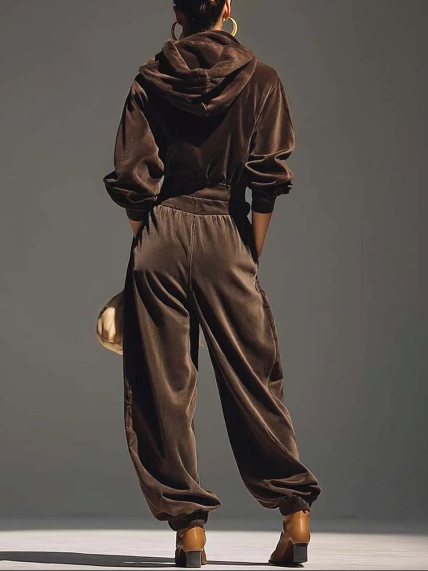 Olivia™ | Vintage Bruine Fluwelen Hoodie en Relaxte Broek Set