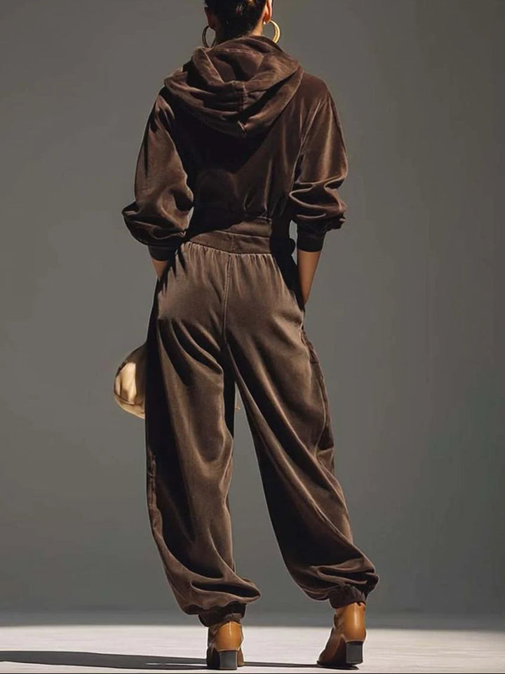 Olivia™ | Vintage Bruine Fluwelen Hoodie en Relaxte Broek Set