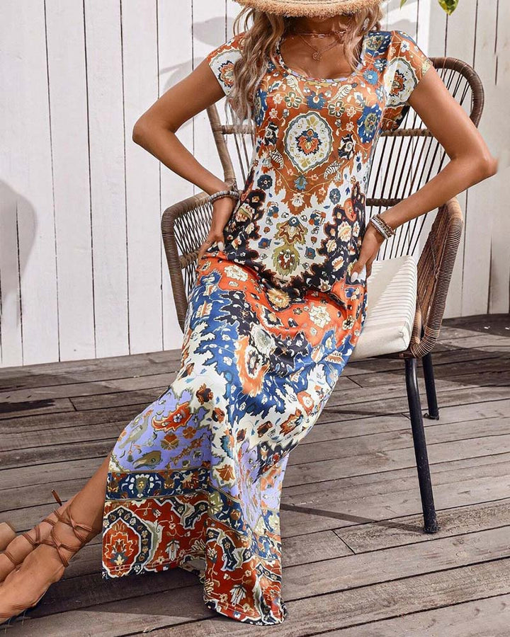 Kleurrijke casual jurk met print en splitten