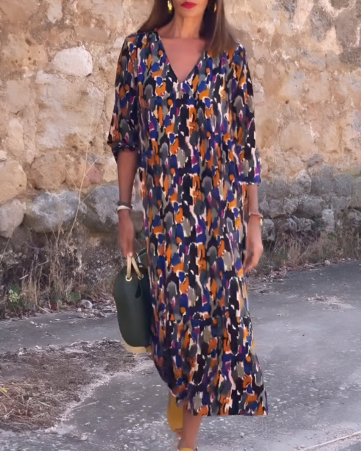 Nathalie | Retro Print V-Hals Jurk