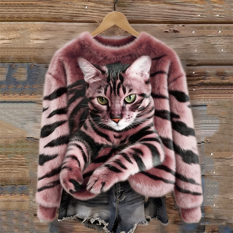 Lunavessine - Zachte Fleece Sweater met Tijger- en Huiskatpatroon