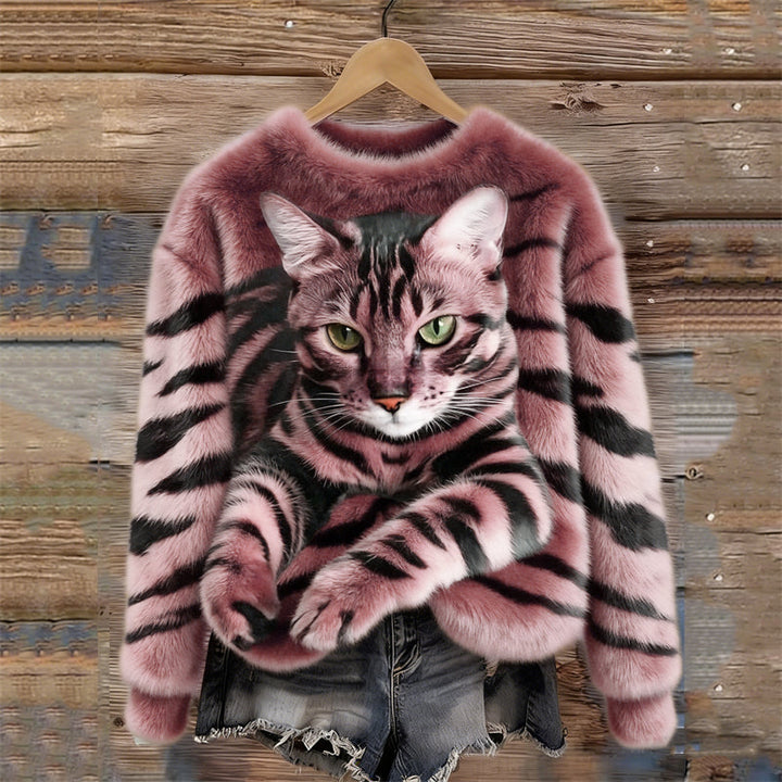 Lunavessine - Zachte Fleece Sweater met Tijger- en Huiskatpatroon