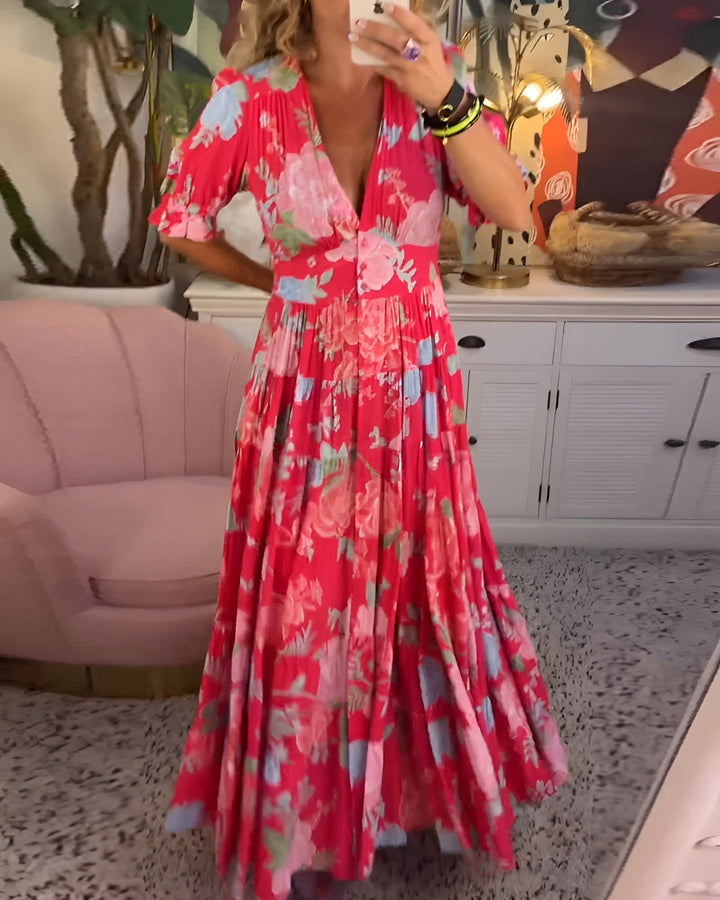 Carine | Bloemenprint V-hals Pocket Jurk