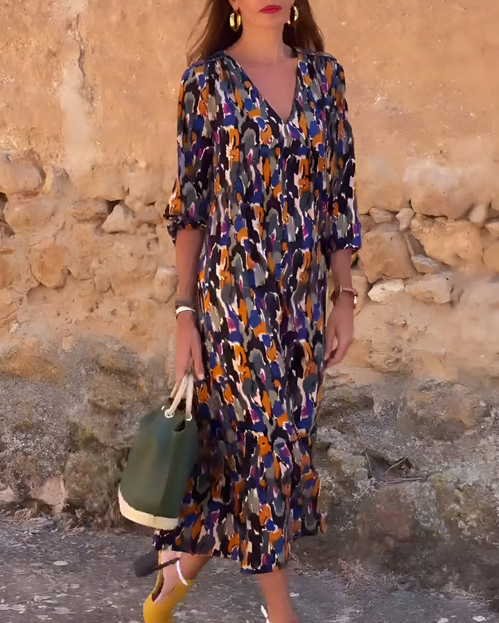 Nathalie | Retro Print V-Hals Jurk