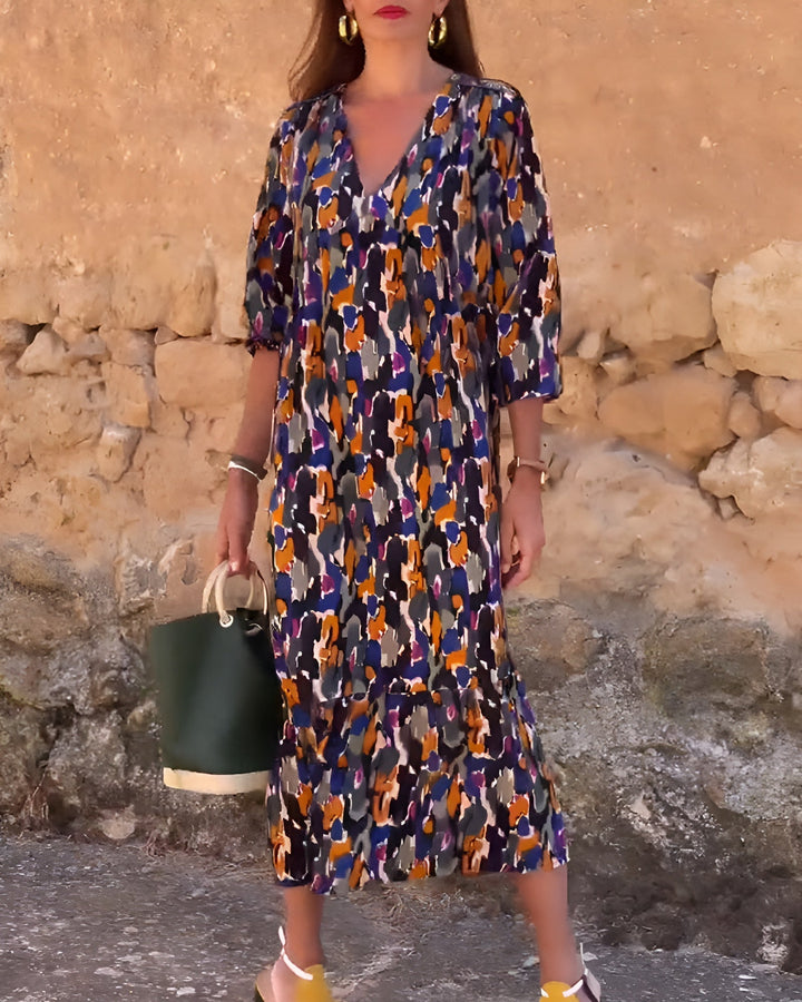 Nathalie | Retro Print V-Hals Jurk
