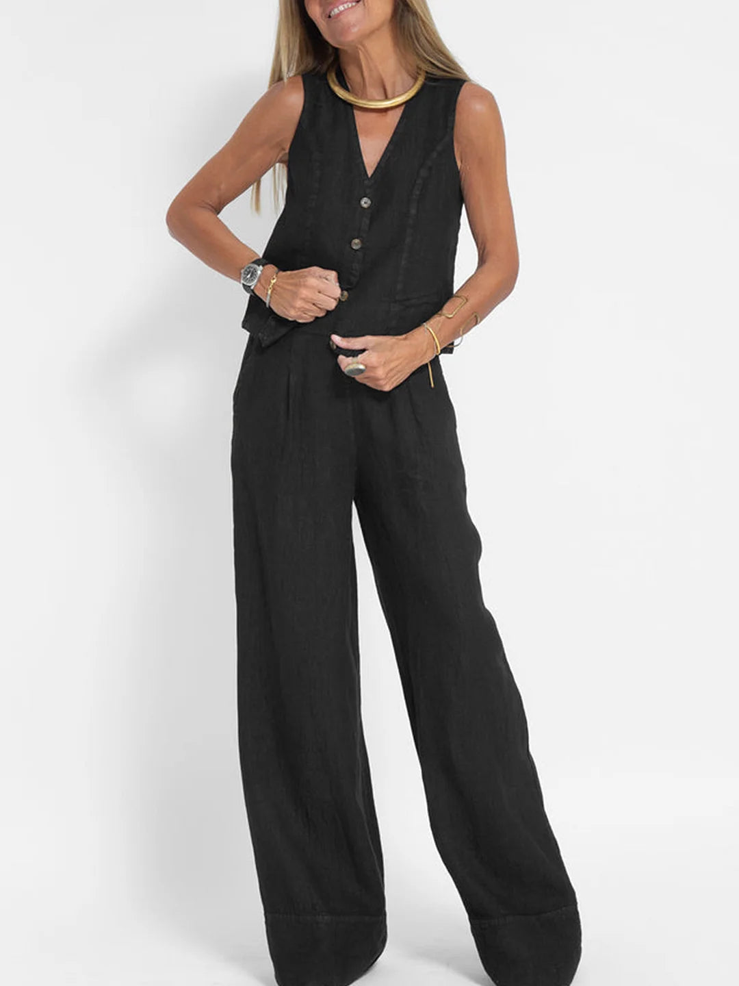 Aira - Gebuttonde Vest & Brede Pantalon Set
