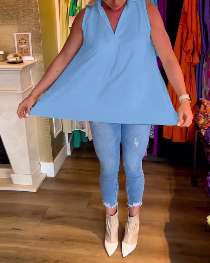 Mouwloze top met ruches en revers