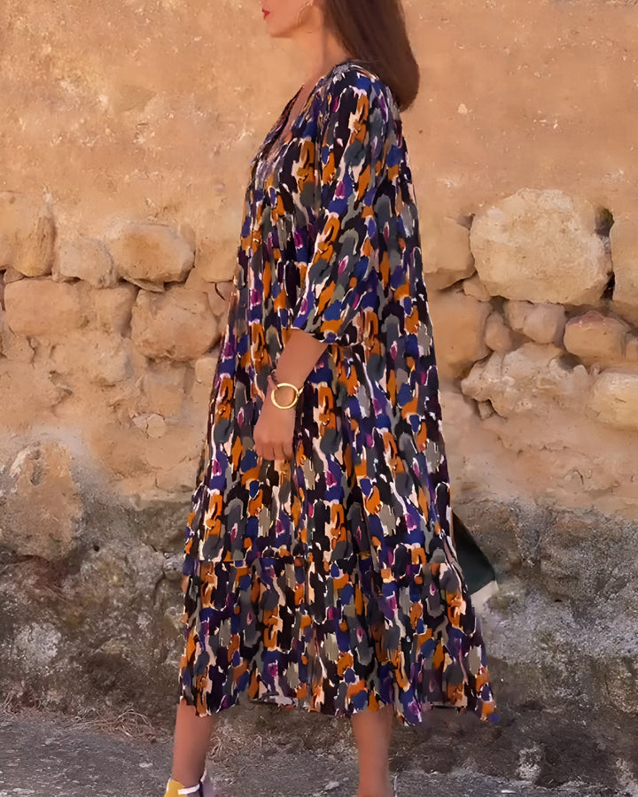 Nathalie | Retro Print V-Hals Jurk