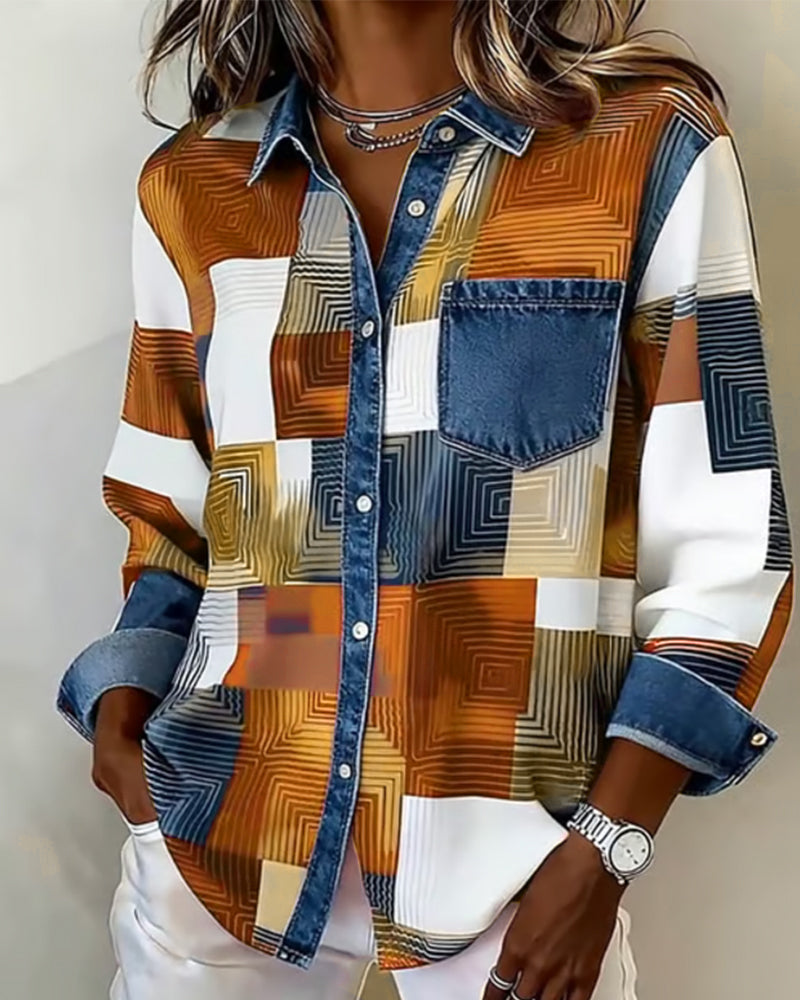 Kleurblok Shirt met Modieuze Kraag