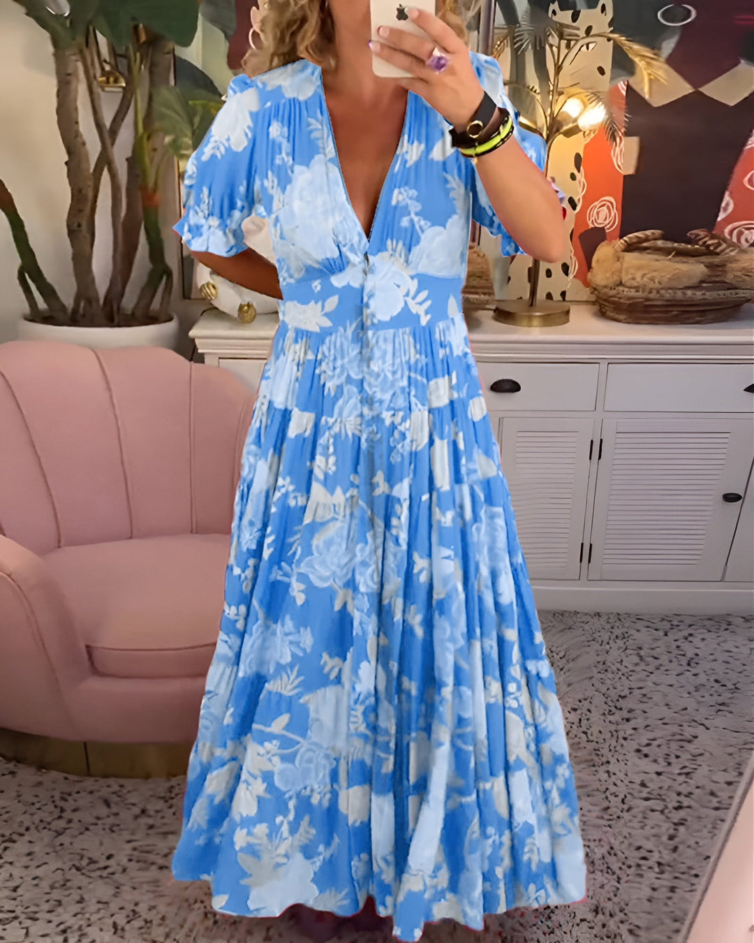 Carine | Bloemenprint V-hals Pocket Jurk