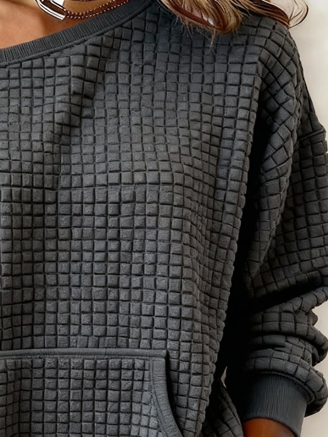 Casual, geruit gebreid sweatshirt voor dames met off-shoulder halslijn en structuurpatroon.