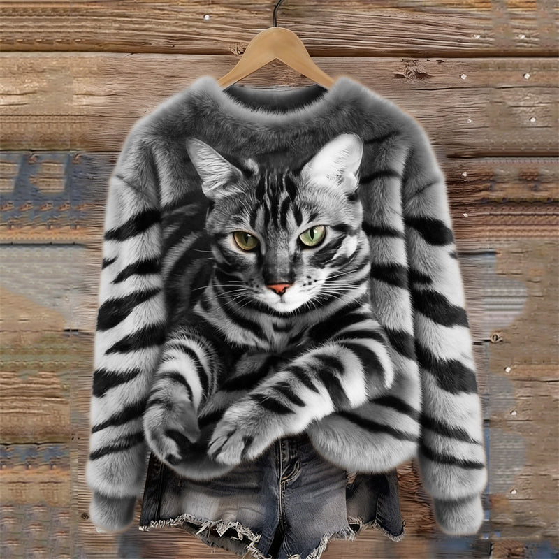 Lunavessine - Zachte Fleece Sweater met Tijger- en Huiskatpatroon