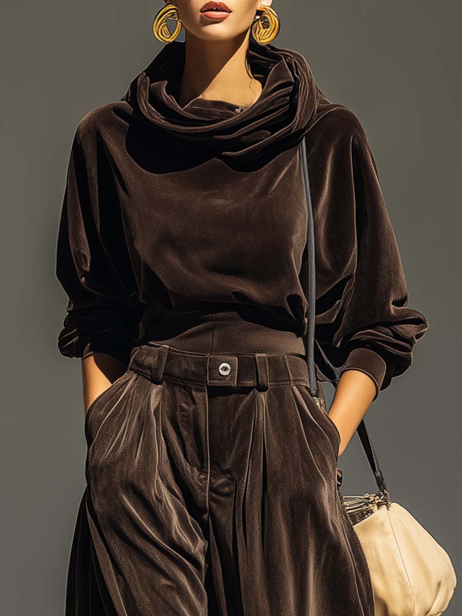 Olivia™ | Vintage Bruine Fluwelen Hoodie en Relaxte Broek Set