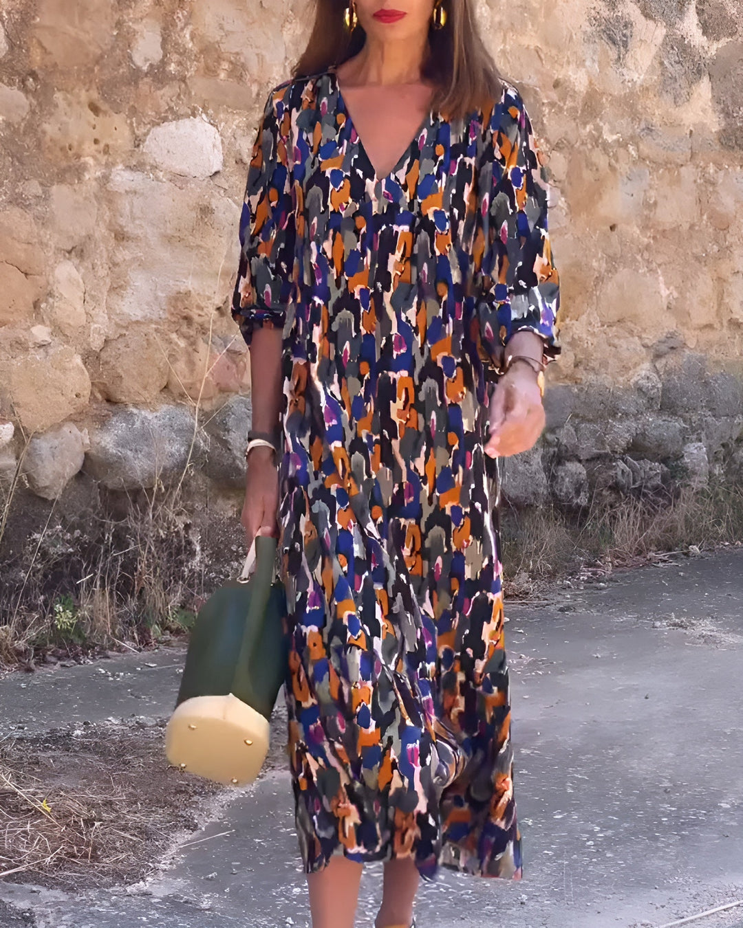 Nathalie | Retro Print V-Hals Jurk