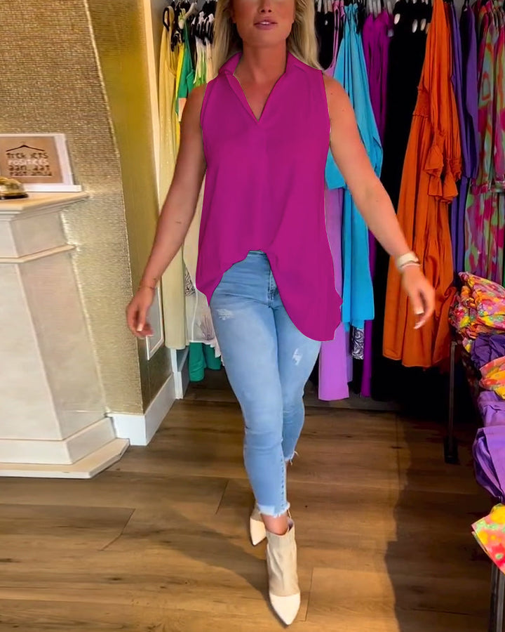 Mouwloze top met ruches en revers