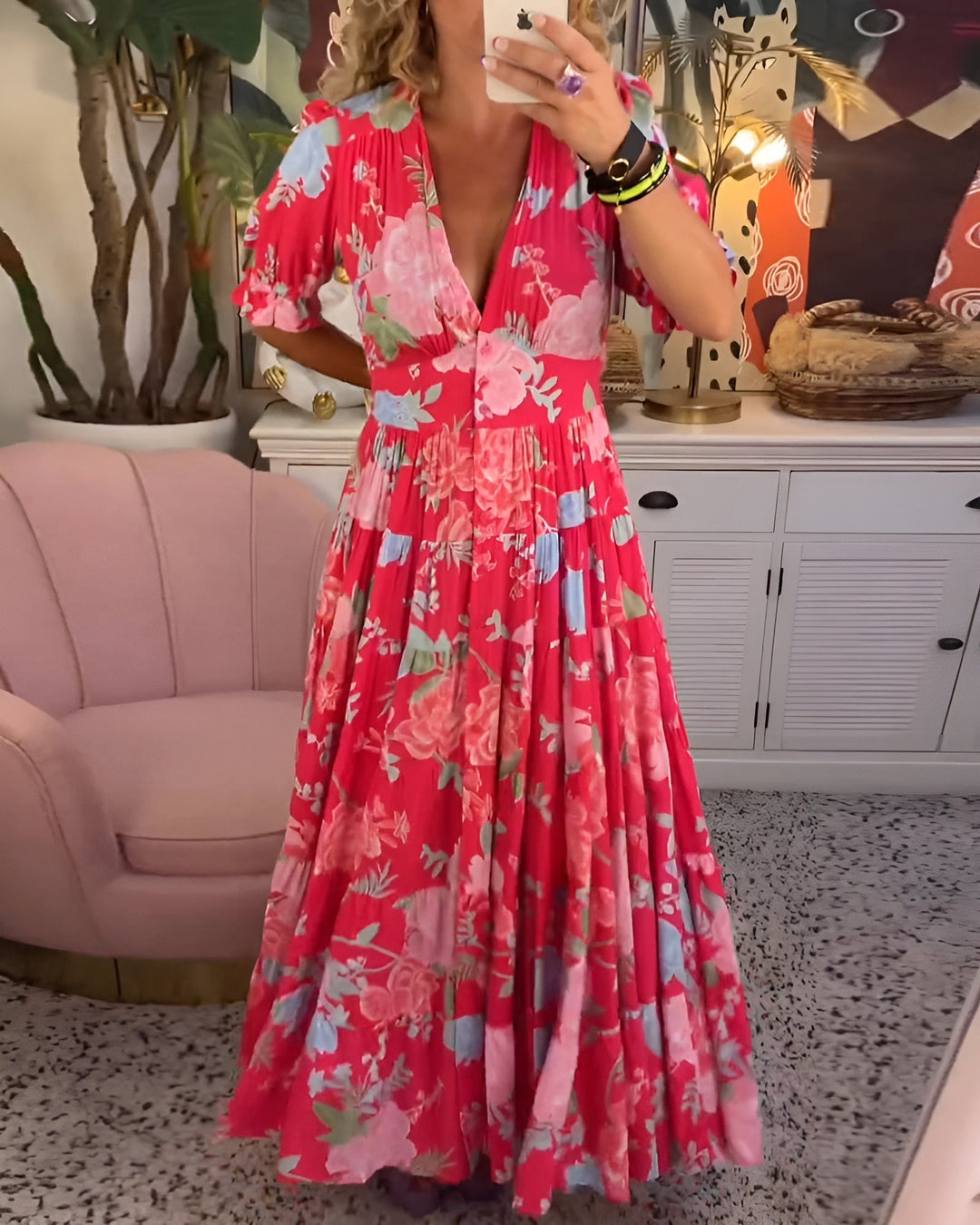 Carine | Bloemenprint V-hals Pocket Jurk