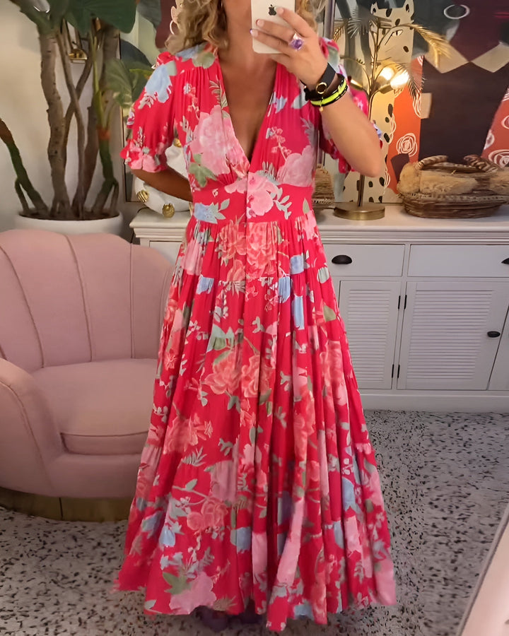 Carine | Bloemenprint V-hals Pocket Jurk