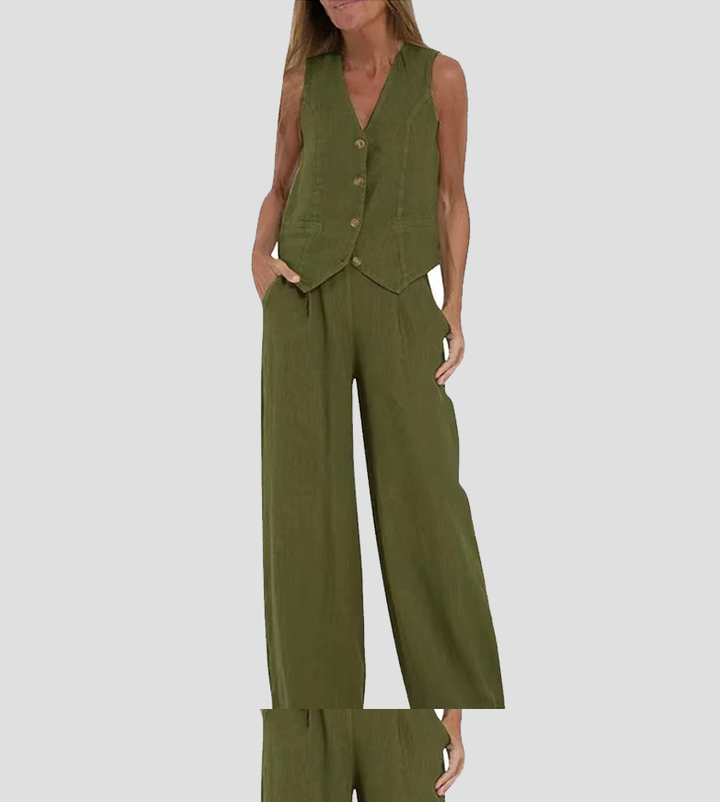 Aira - Gebuttonde Vest & Brede Pantalon Set