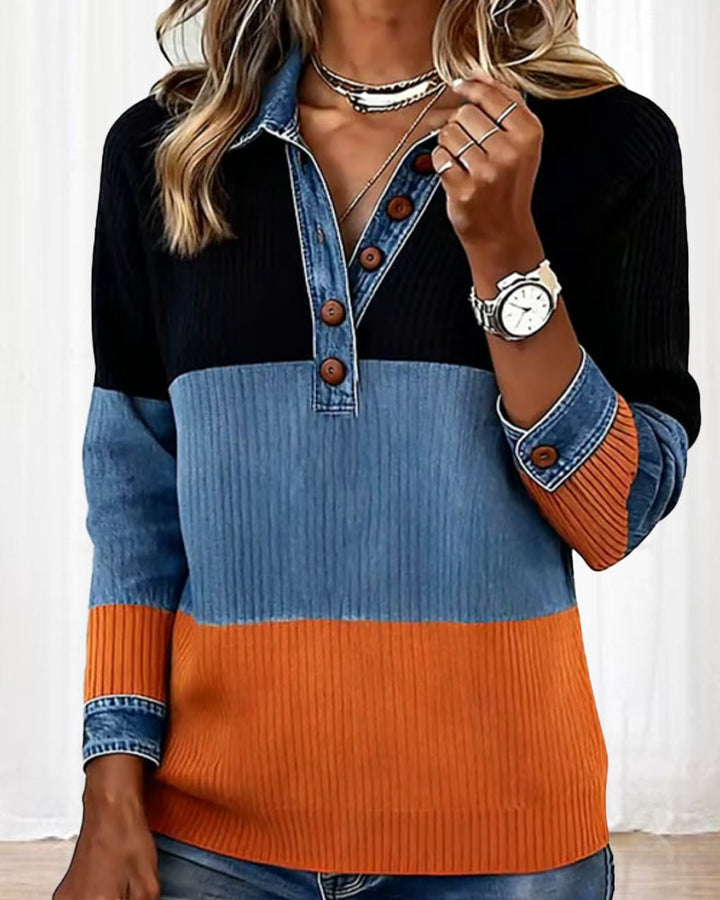 Modieuze Top met Revers en Contrastkleur
