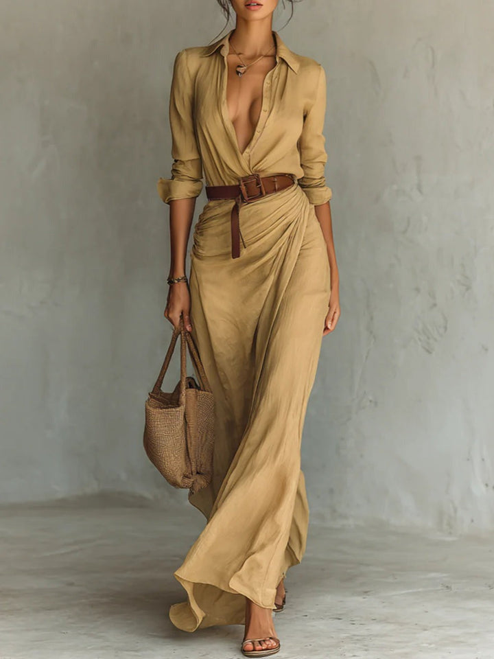 Sophie | Lange jurk met ceintuur, lange mouwen en revers