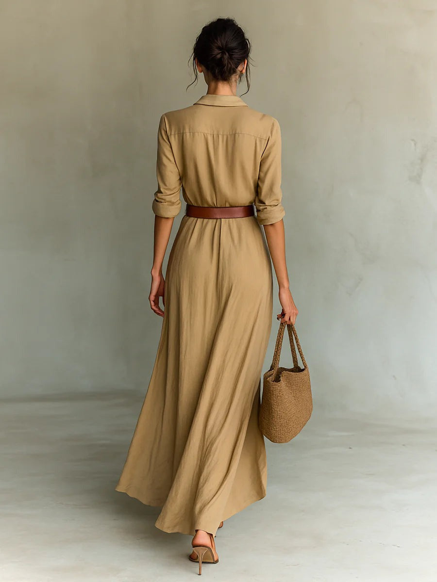 Sophie | Lange jurk met ceintuur, lange mouwen en revers