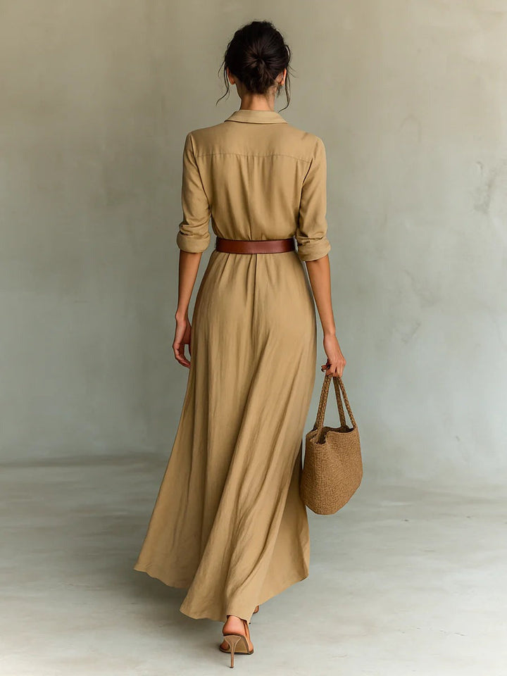 Sophie | Lange jurk met ceintuur, lange mouwen en revers
