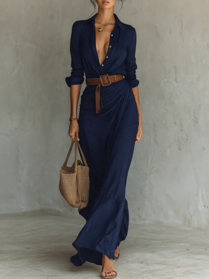 Sophie | Lange jurk met ceintuur, lange mouwen en revers