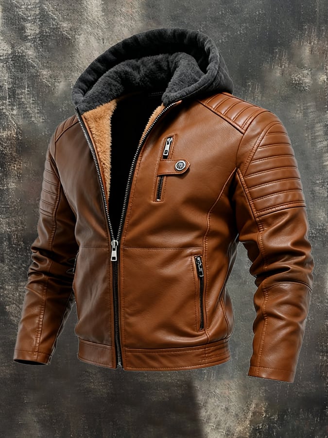 GEBREIDE JAS MET CAPUCHE EN LEERLOOK