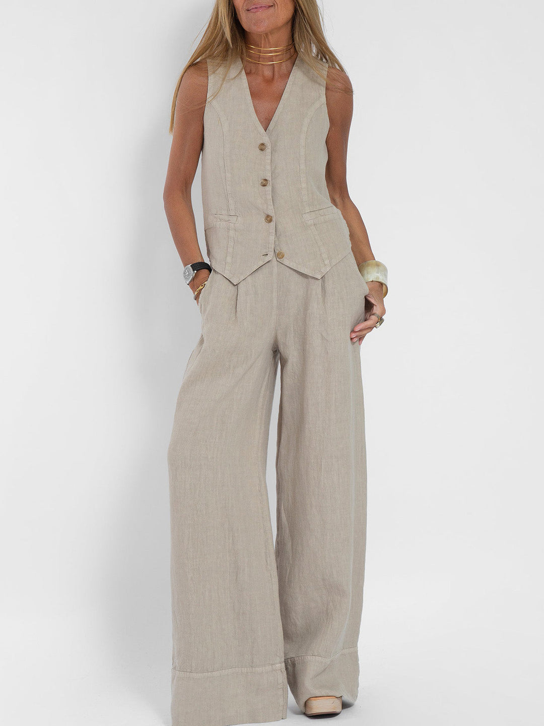 Aira - Gebuttonde Vest & Brede Pantalon Set