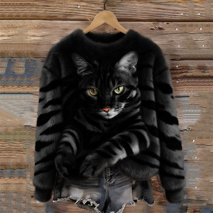Lunavessine - Zachte Fleece Sweater met Tijger- en Huiskatpatroon