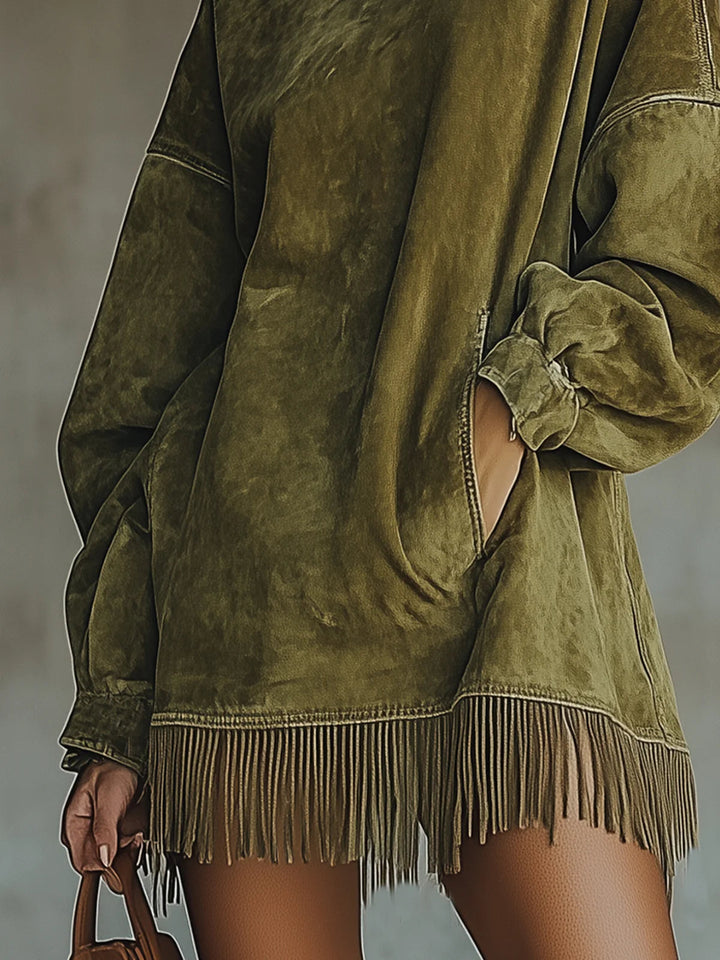 Muriel | Lange Mouw Mini-jurk met Franje