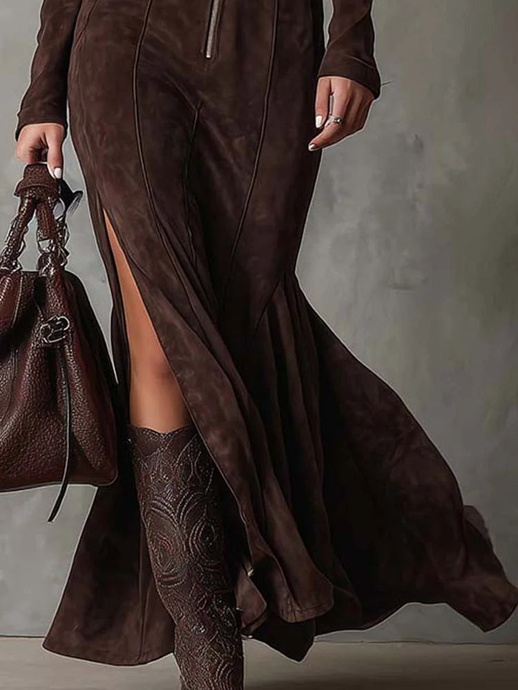 Helen | Vintage Bruin Maxi Jurk met Riem