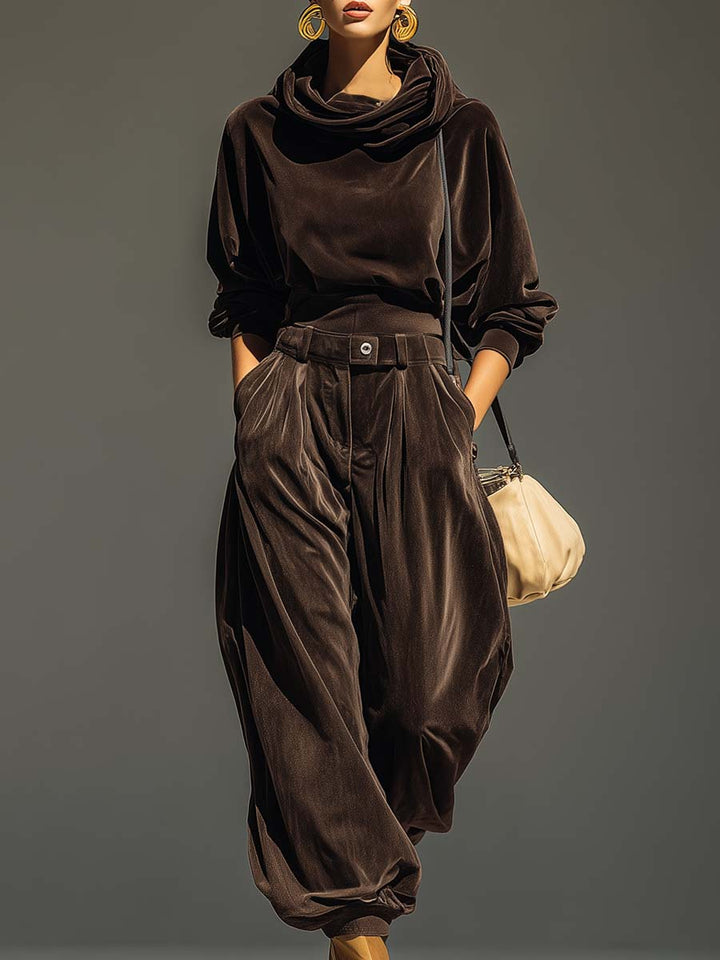 Olivia™ | Vintage Bruine Fluwelen Hoodie en Relaxte Broek Set