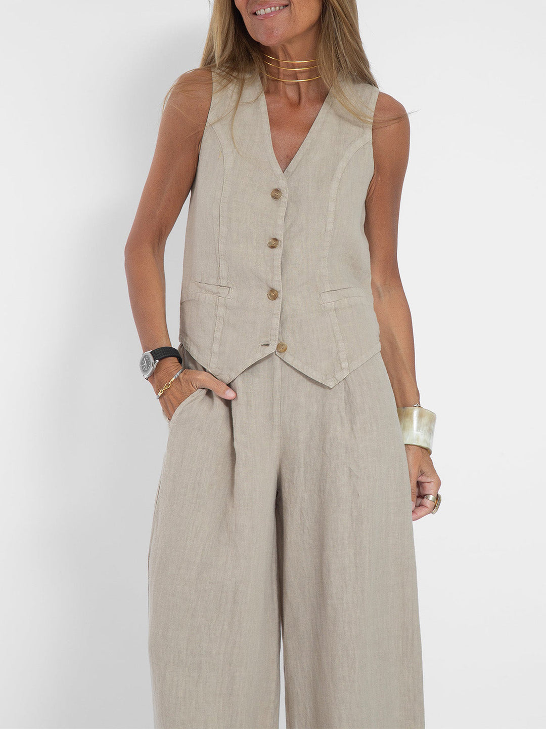 Aira - Gebuttonde Vest & Brede Pantalon Set