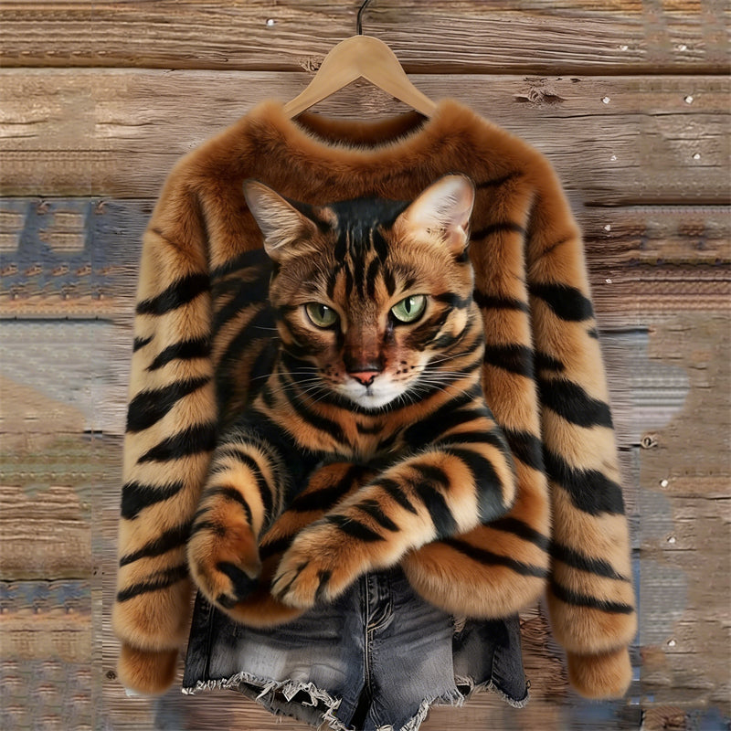 Lunavessine - Zachte Fleece Sweater met Tijger- en Huiskatpatroon