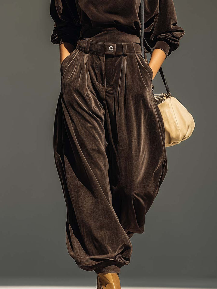 Olivia™ | Vintage Bruine Fluwelen Hoodie en Relaxte Broek Set