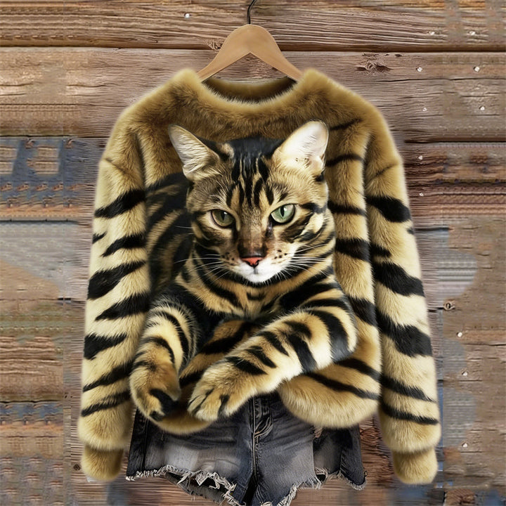 Lunavessine - Zachte Fleece Sweater met Tijger- en Huiskatpatroon