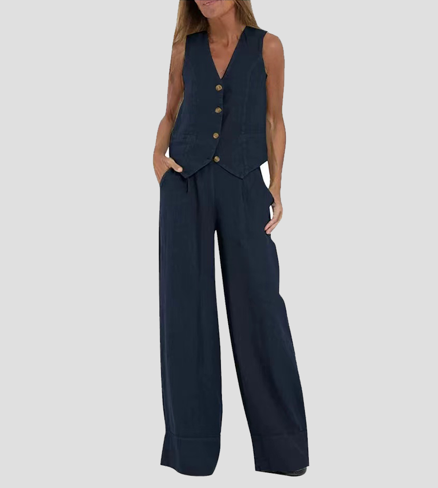 Aira - Gebuttonde Vest & Brede Pantalon Set