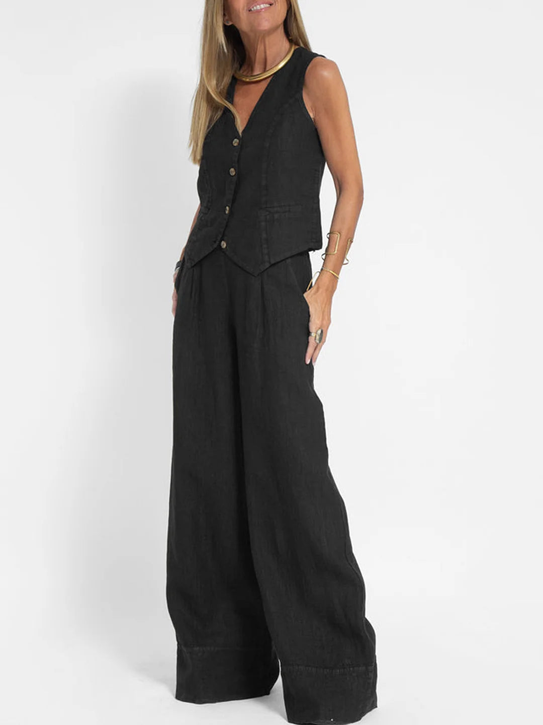 Aira - Gebuttonde Vest & Brede Pantalon Set