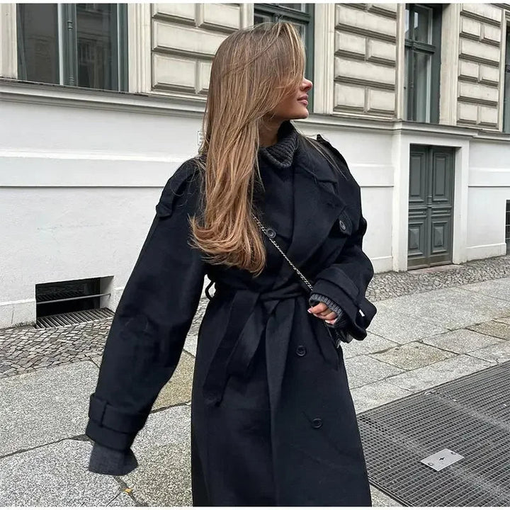 Dames Lange Double Breasted Winterjas – Zwart Wolmix, Warm en Stijlvol voor Koude Dagen