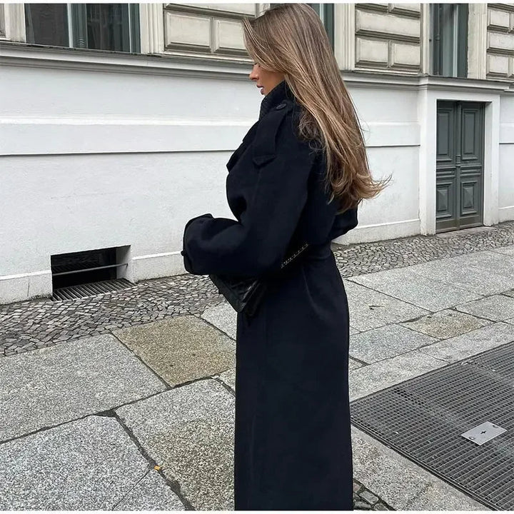 Dames Lange Double Breasted Winterjas – Zwart Wolmix, Warm en Stijlvol voor Koude Dagen