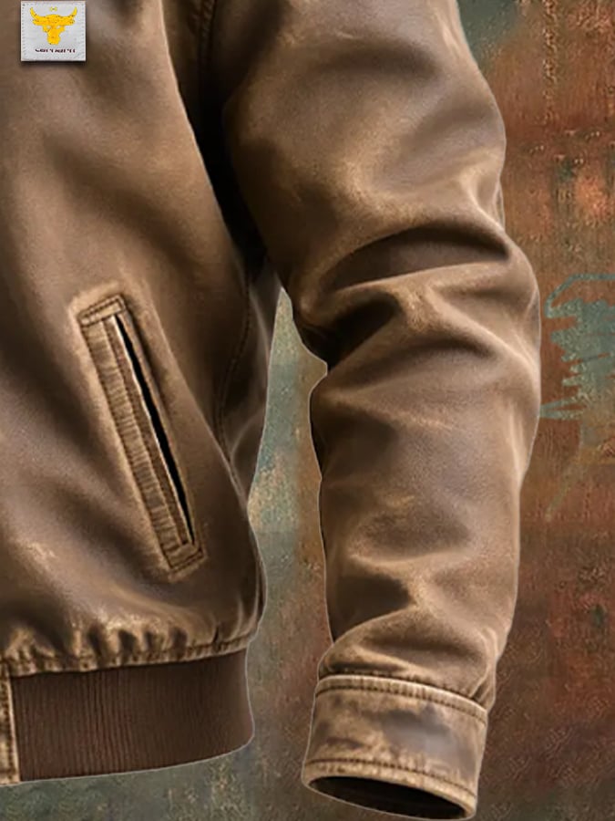 VESTE VAN VEROUDERDE BRUINE STOF MET EEN KLASSIEKE PASVORM