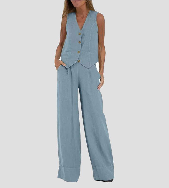 Aira - Gebuttonde Vest & Brede Pantalon Set