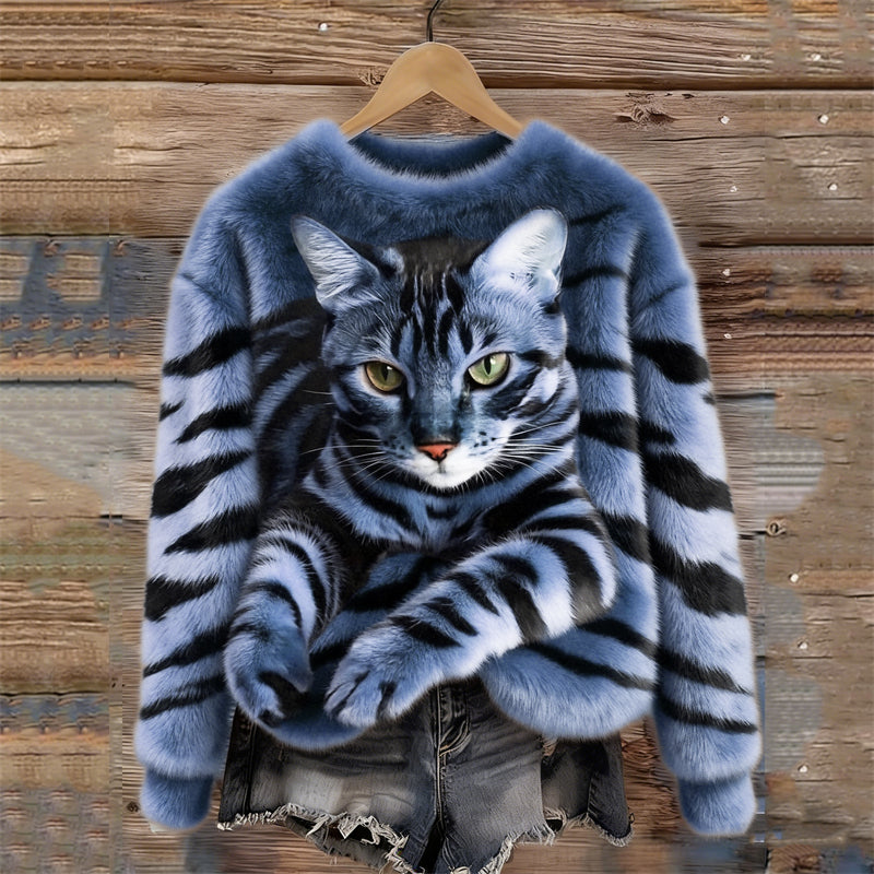 Lunavessine - Zachte Fleece Sweater met Tijger- en Huiskatpatroon