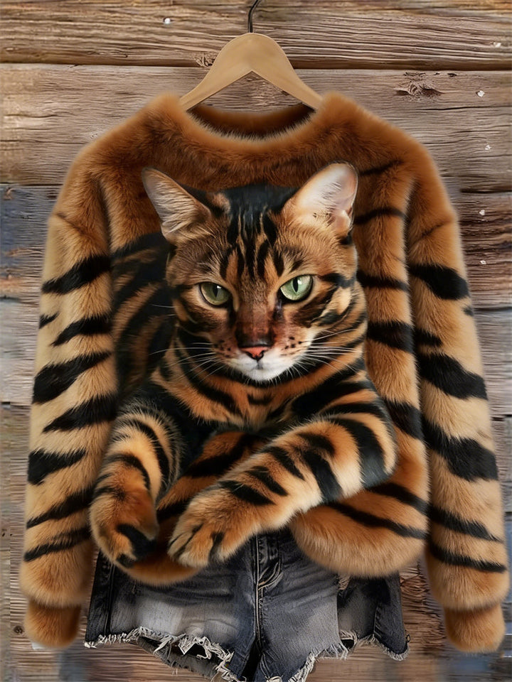 Lunavessine - Zachte Fleece Sweater met Tijger- en Huiskatpatroon