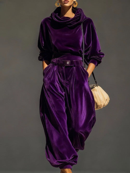 Olivia™ | Vintage Bruine Fluwelen Hoodie en Relaxte Broek Set