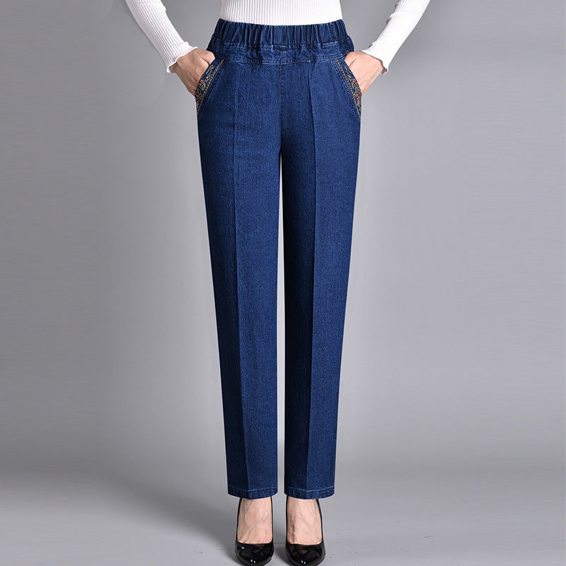 Damesjeans met zijzakken en elastische taille