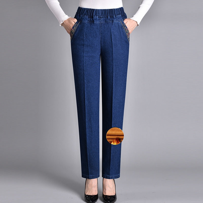 Damesjeans met zijzakken en elastische taille