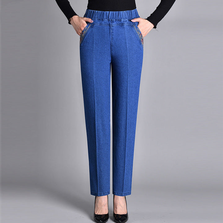 Damesjeans met zijzakken en elastische taille